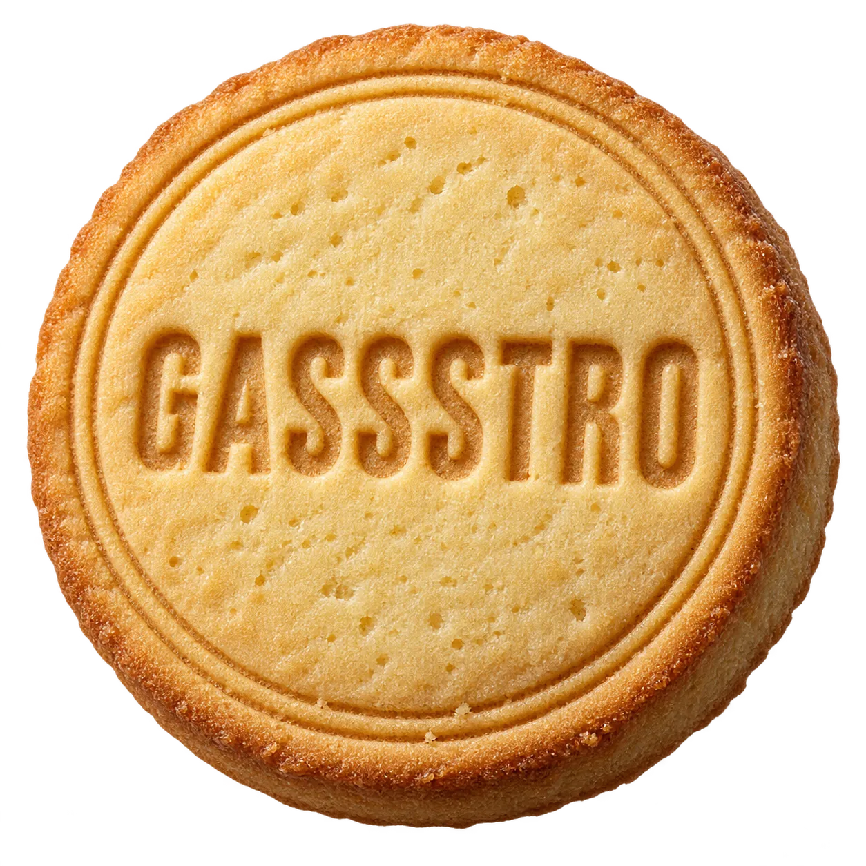 Visual AI illustrativo di un biscotto rotondo con il marchio Gassstro impresso nella frolla