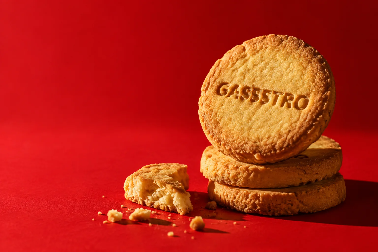 Visual AI: una piccola pila di biscotti Gassstro su fondo rosso