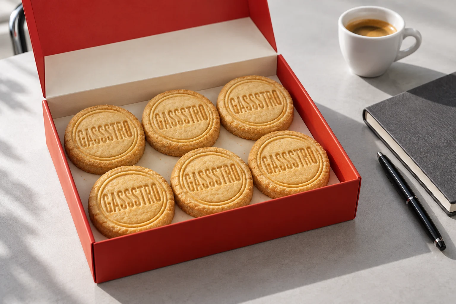 Concept illustrativo AI: scatola rossa aperta con biscotti Gassstro, un taccuino e un caffè su un tavolo di lavoro
